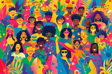 Wall Mural - Simplified vector depiction of a Pride celebration with LGBTQ+ families and queer youth, highlighting the joy and acceptance within the community with clean lines and bold colors