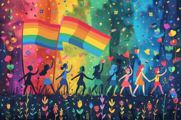 Wall Mural - Simplified vector depiction of a Pride celebration with LGBTQ+ families and queer youth, highlighting the joy and acceptance within the community with clean lines and bold colors