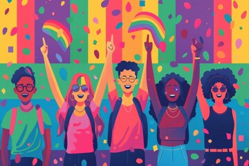 Wall Mural - Vector illustration of LGBTQ+ youth at a Pride celebration, showcasing acceptance and joy with clean, minimalistic lines and a vibrant rainbow color scheme