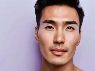 Wall Mural - Handsome Asian Man s Face in Decorative Skincare Advertising Banner on Lilac Background