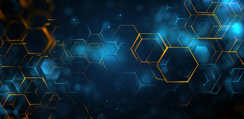 Fototapete - Abstract background with glowing hexagons in the style of dark blue and yellow colors.