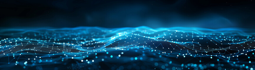 Fototapete - Abstract blue digital background with glowing network connections and neural networks in the dark black space. Digital technology concept.
