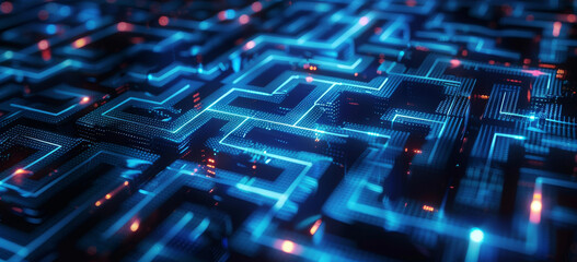 Abstract digital hologram of an illuminated maze with glowing blocks on a dark background, in the style of cyber technology concept.