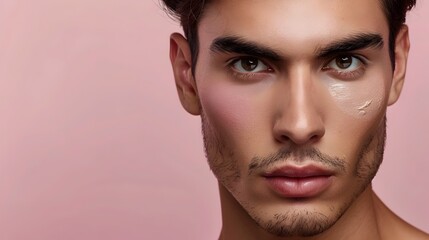 Wall Mural - Handsome Peruvian Man in Advertising Skincare Cosmetics Banner on Plain Pink Background