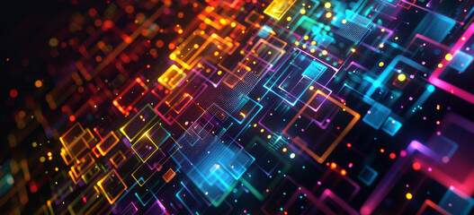Fototapete - Abstract digital hologram of an illuminated maze with glowing blocks on a dark background, in the style of cyber technology concept.