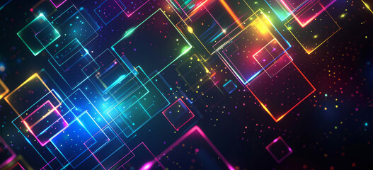 Fototapete - Abstract digital hologram of an illuminated maze with glowing blocks on a dark background, in the style of cyber technology concept.