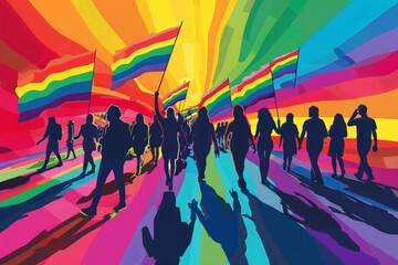 Wall Mural - Vector artwork of a Pride march with participants holding rainbow flags and advocating for LGBTQ+ rights, using bold, simplified shapes and vibrant colors to emphasize inclusivity