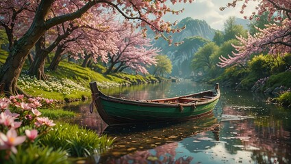 Serene Rowboat on a Spring River