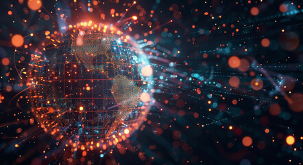 Fototapete - 3d render of dark blue and orange glowing digital sphere surrounded by an array of small light blue dots connected to each other with thin lines.