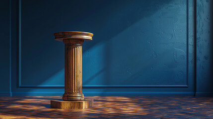 Wall Mural - A sleek wooden lectern on a solid indigo background,