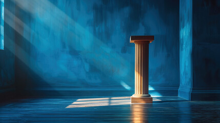 Wall Mural - A simple wooden lectern bathed in warm sunlight, against a deep blue background.