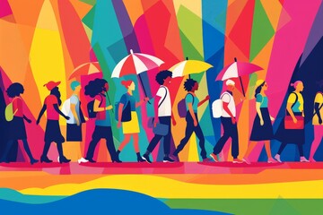 Wall Mural - Simplified vector depiction of a Pride parade with diverse LGBTQ+ community members, promoting inclusivity and the celebration of queer culture with bold, simplified shapes and vibrant colors