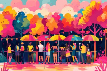 Wall Mural - Minimalist vector illustration of a Pride festival featuring diverse LGBTQ+ community members enjoying drag performances and queer art exhibitions, using simple shapes and vibrant colors to celebrate