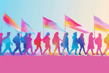 Simplified vector scene of a Pride march with participants advocating for trans rights and gender equality, using simple shapes and vibrant colors to emphasize inclusivity