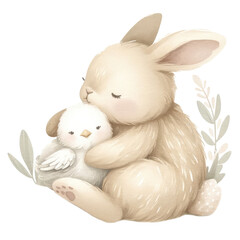 Wall Mural - Bunny cuddling chick for Easter Day in beige watercolor clipart on transparent background