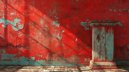 Wall Mural - A weathered wooden lectern with peeling paint, casting a long shadow on a vibrant crimson background.