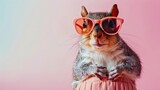 Fototapeta Koty - Adorable squirrel wearing pink sunglasses and a tutu, posing against a pastel background, capturing a whimsical and fun moment.