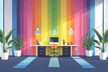 Wall Mural - Minimalist vector illustration of a corporate office decorated with Pride symbols for LGBTQ+ visibility, highlighting gender equality and the celebration of diversity with clean lines and bold colors