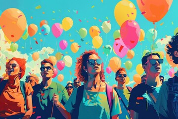 Wall Mural - Vector style artwork of a group of non-binary individuals at a Pride march, advocating for visibility and acceptance with minimalistic design elements and a bright color palette