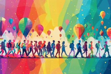 Wall Mural - Simplified vector depiction of a Pride parade with diverse LGBTQ+ community members, promoting inclusivity and the celebration of queer culture with bold, simplified shapes and vibrant colors