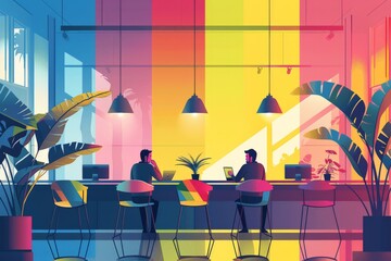 Wall Mural - Vector artwork of a corporate office with a dedicated safe space for LGBTQ+ employees, promoting acceptance and inclusivity with clean, minimalistic lines and a vibrant color palette