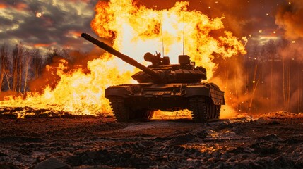 Poster - clear image of a tank standing in front of a large fire