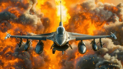 Wall Mural - clear image of an F16 fighter jet with a large flame in the background.