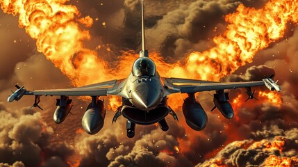 Wall Mural - clear image of an F16 fighter jet with a large flame in the background.