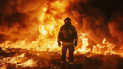 clear image of a fighter standing in front of a large fire