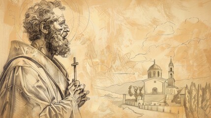 Wall Mural - Biblical Illustration of Saint Peter the Apostle in deep prayer, holding a cross, serene church setting, piety and leadership, beige background, copyspace