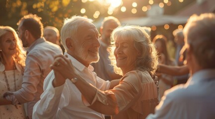 Senior couple dancing at an outdoor party