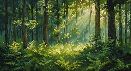 Wall Mural - Beautiful summer forest landscape with sunlight and trees, in the style of Chinese artist. The painting shows a lush green forest with dappled sunlight filtering through the leaves of tall trees. In t