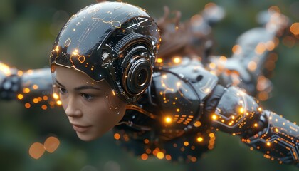 A futuristic cyborg woman with glowing lights flies through the air.