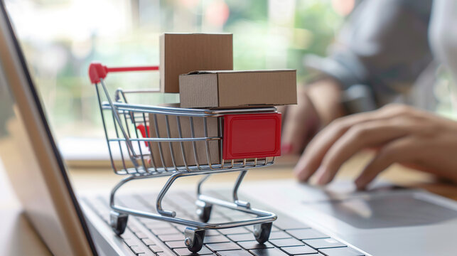 Digital online shopping concept, miniature cart with boxes on laptop keyboard and blurred web store interface background
