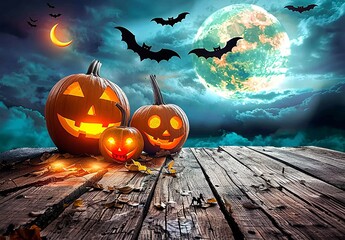 Wall Mural - Spooky Halloween scene with carved pumpkins, flying bats, and a full moon over a wooden surface