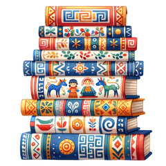 Wall Mural - Colorful folk design stacked books for nursery decor in watercolor clipart on transparent background
