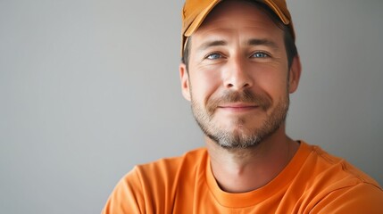 Wall Mural - A man in an orange shirt and cap smiling.