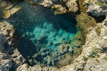 Aerial View of Volcanic Freshwater Spring with Vibrant Blue Water.