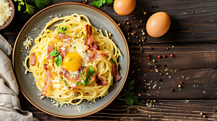 Wall Mural - A plate of Spaghetti Carbonara, with bacon, creamy egg yolks, freshly grated Parmesan and aromatic black pepper, served on a rustic wooden plate, Top View