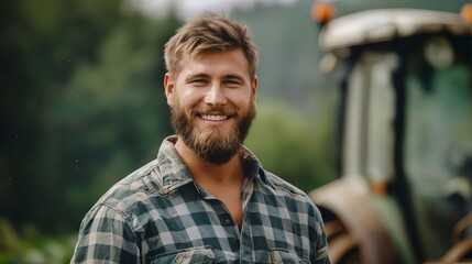 A man with a beard and plaid shirt standing in front of a tractor.