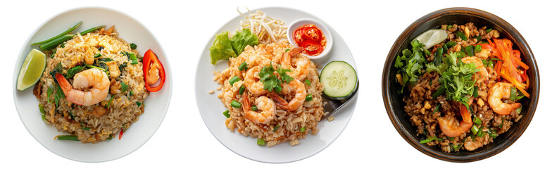 Wall Mural - Shrimp Thai Rice in the bowl with tomato, lemon, pea, cucumber, slice, Isolated Thai Food PNG, transparent cutout, top view