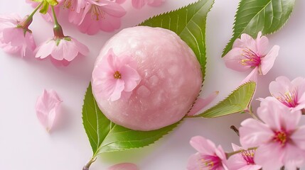 Wall Mural - A top view of a traditional sakura mochi, with the delicate pink mochi beautifully wrapped in a vibrant green cherry blossom leaf, emphasizing the intricate details and the smooth, soft texture of