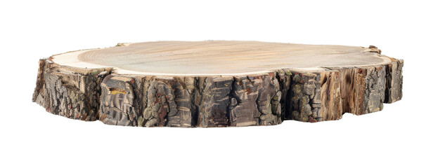 A rustic wooden tree slice, showcasing natural texture and grain