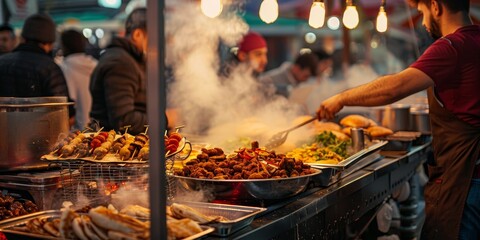 Wall Mural - An atmospheric shot of a bustling night market stall selling authentic street food like kebabs generated by AI