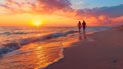Wall Mural - Couple walking on beach at sunset
