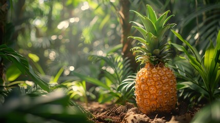 Ripe Pineapple in Lush Tropical Jungle