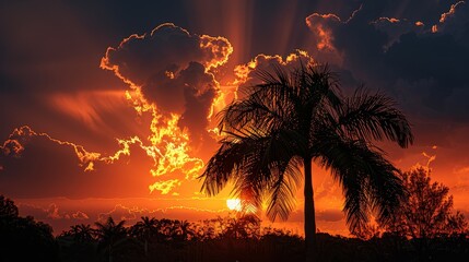 Wall Mural - Palm Tree Silhouette Against Fiery Sunset Sky