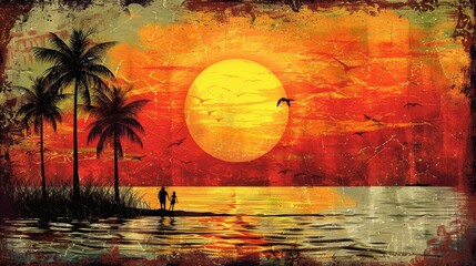 Wall Mural - Silhouette Couple Palm Trees Sunset Ocean Art
