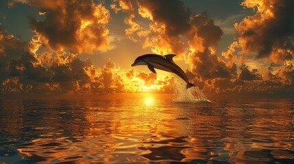 Poster - Dolphin Jumping into Sunset