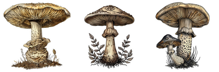 Wall Mural - Set of intricately detailed mushroom image in the color style of old engravings isolated on a transparent background